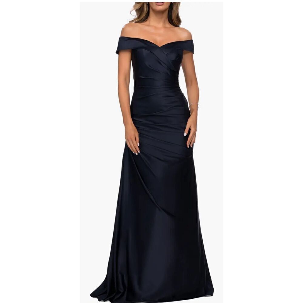 La Femme 28103 Off Shoulder Pleated Satin Evening Gown In Navy NWT Size 10
